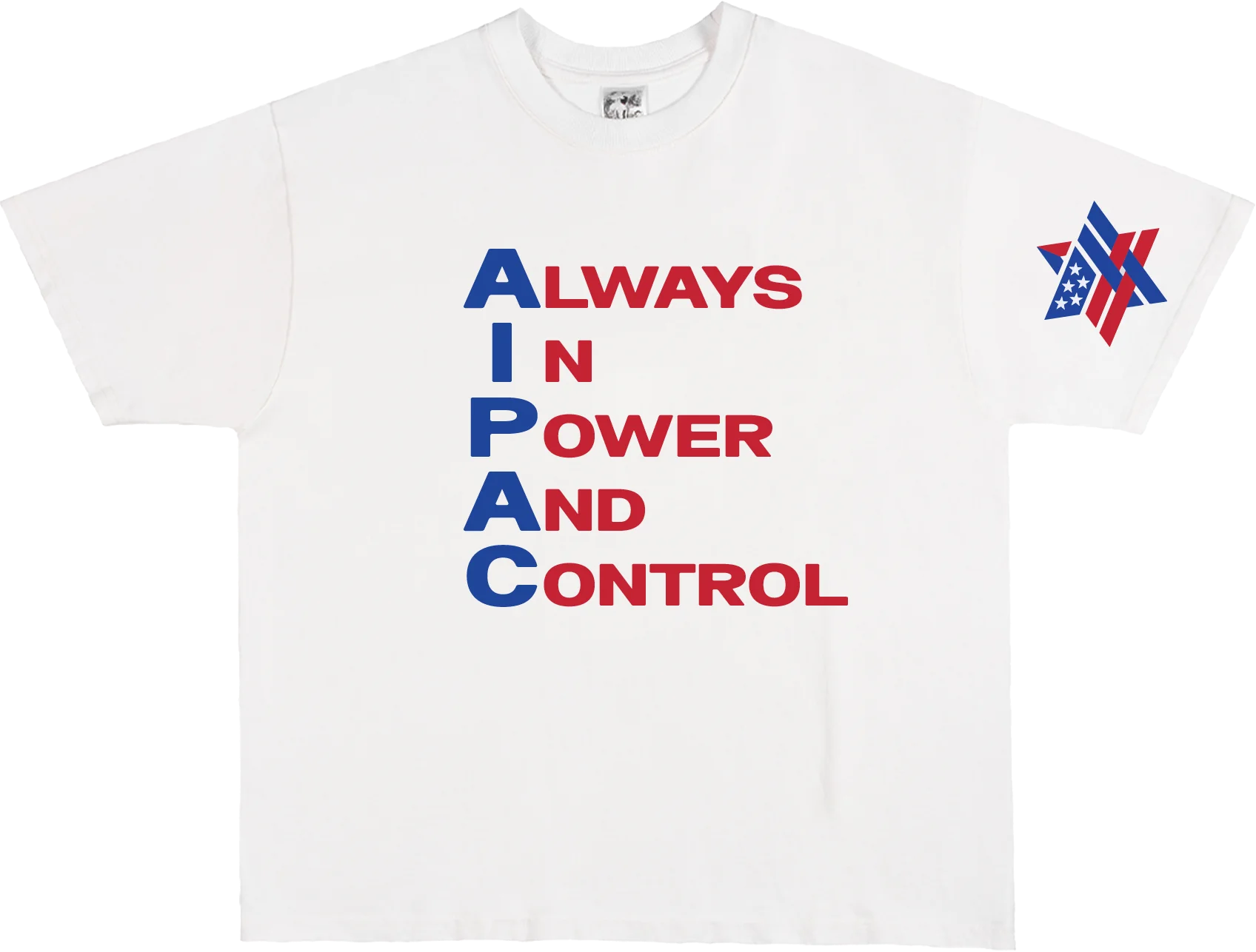 Third Rail AIPAC 'Always In Power And Control' t-shirt — flat lay product photo, political graphic tee