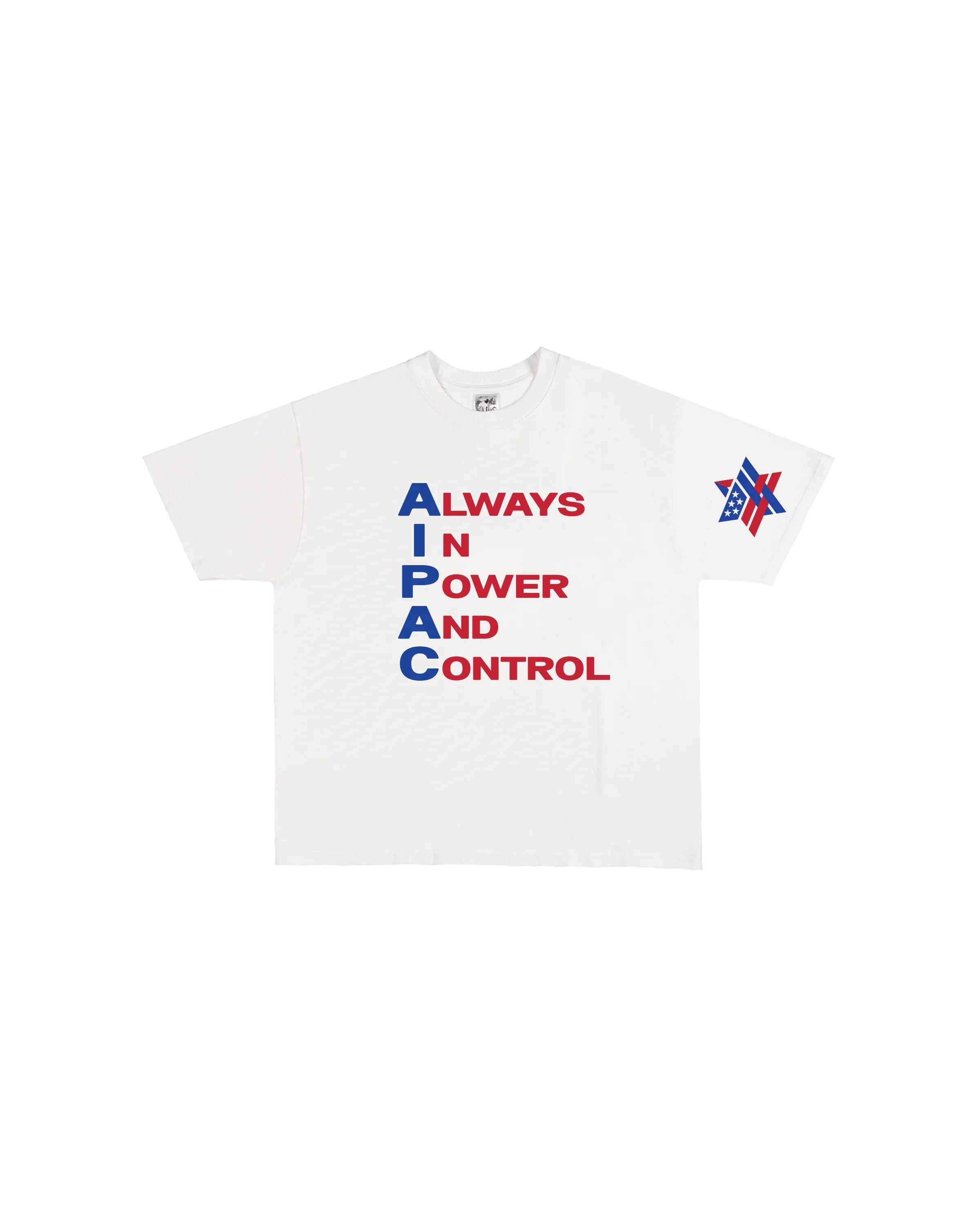 Third Rail AIPAC 'Always In Power And Control' t-shirt — front view, anti-lobby political graphic tee