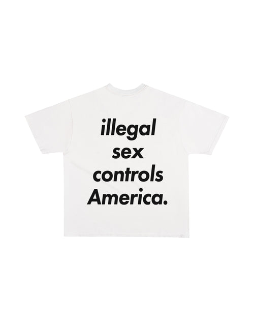 Third Rail 'Illegal Sex Controls America' t-shirt — back view, Epstein-themed political graphic tee