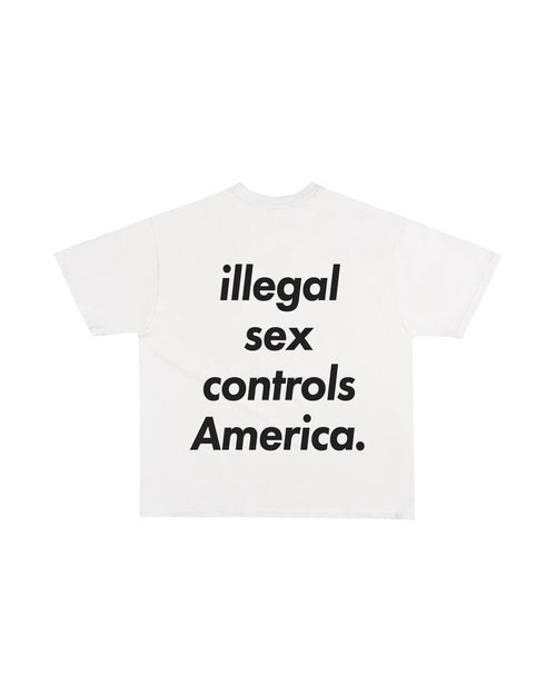 Third Rail 'Illegal Sex Controls America' t-shirt — back view, Epstein-themed political graphic tee